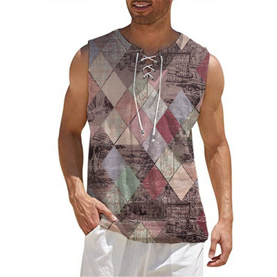 Modes vīriešu kokvilnas lina vienkrāsains bezpiedurkņu vintage savilkšanas aukliņš ar V veida kakla izgriezumu sporta zāles augšējais T-krekls Summer Beach Street ikdienas T-krekls