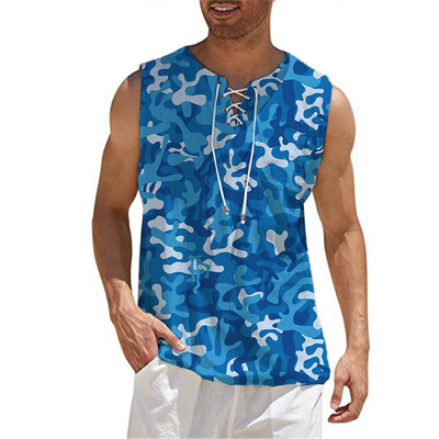 Modes vīriešu kokvilnas lina vienkrāsains bezpiedurkņu vintage savilkšanas aukliņš ar V veida kakla izgriezumu sporta zāles augšējais T-krekls Summer Beach Street ikdienas T-krekls