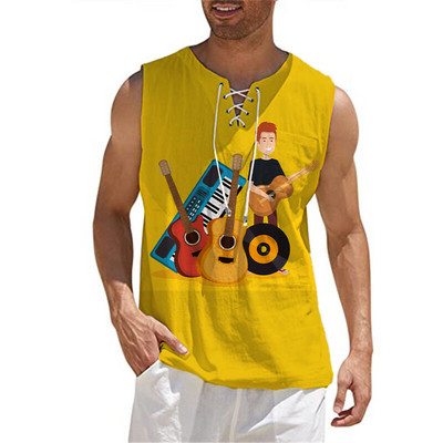 Modes vīriešu kokvilnas lina vienkrāsains bezpiedurkņu vintage savilkšanas aukliņš ar V veida kakla izgriezumu sporta zāles augšējais T-krekls Summer Beach Street ikdienas T-krekls