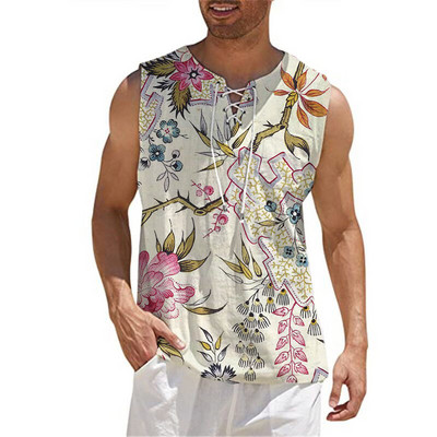 Modes vīriešu kokvilnas lina vienkrāsains bezpiedurkņu vintage savilkšanas aukliņš ar V veida kakla izgriezumu sporta zāles augšējais T-krekls Summer Beach Street ikdienas T-krekls