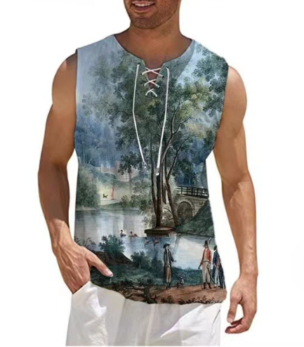 Modes vīriešu kokvilnas lina vienkrāsains bezpiedurkņu vintage savilkšanas aukliņš ar V veida kakla izgriezumu sporta zāles augšējais T-krekls Summer Beach Street ikdienas T-krekls