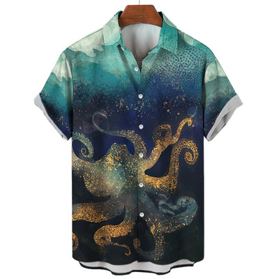 Havaju krekls Ikdienas atloks Vasaras īsām piedurknēm vīriešu krekls Jautri ar astoņkāju apdruku Ikdienas izvietošana Modes Harajuku kreklblūze