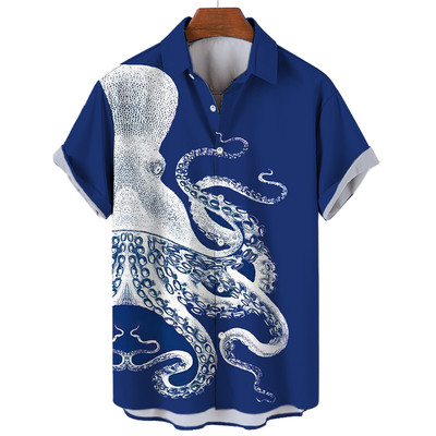 Havaju krekls Ikdienas atloks Vasaras īsām piedurknēm vīriešu krekls Jautri ar astoņkāju apdruku Ikdienas izvietošana Modes Harajuku kreklblūze