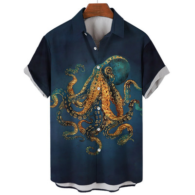 Havaju krekls Ikdienas atloks Vasaras īsām piedurknēm vīriešu krekls Jautri ar astoņkāju apdruku Ikdienas izvietošana Modes Harajuku kreklblūze