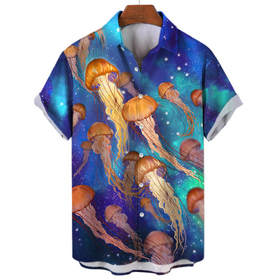 Havaju krekls Ikdienas atloks Vasaras īsām piedurknēm vīriešu krekls Jautri ar astoņkāju apdruku Ikdienas izvietošana Modes Harajuku kreklblūze