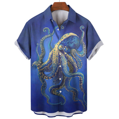 Havaju krekls Ikdienas atloks Vasaras īsām piedurknēm vīriešu krekls Jautri ar astoņkāju apdruku Ikdienas izvietošana Modes Harajuku kreklblūze