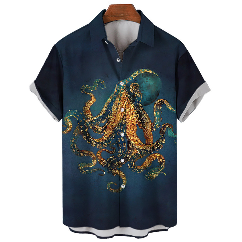 Havaju krekls Ikdienas atloks Vasaras īsām piedurknēm vīriešu krekls Jautri ar astoņkāju apdruku Ikdienas izvietošana Modes Harajuku kreklblūze