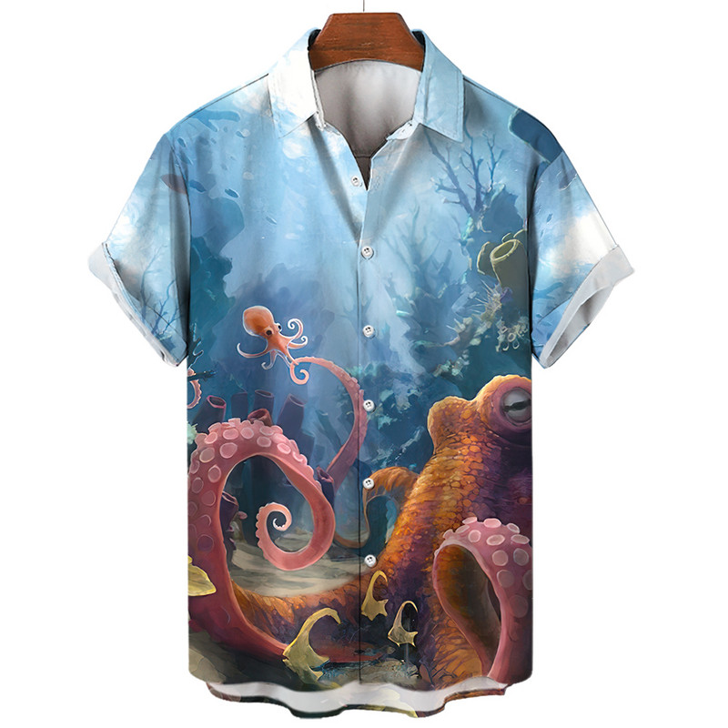 Havaju krekls Ikdienas atloks Vasaras īsām piedurknēm vīriešu krekls Jautri ar astoņkāju apdruku Ikdienas izvietošana Modes Harajuku kreklblūze