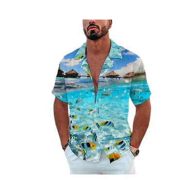 Férfi hawaii rövid ujjú ing nyári óceánon nyomott tengerparti stílusú vintage ruházat divatos hajtóka egysoros alkalmi méret
