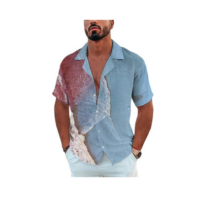 Vīriešu havajiešu krekls ar īsām piedurknēm vasaras okeānā apdrukāts pludmales stils vintage apģērbs, moderns atloks ar vienrindu ikdienišķa izmēra