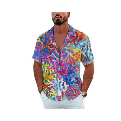 Vīriešu havajiešu krekls ar īsām piedurknēm vasaras okeānā apdrukāts pludmales stils vintage apģērbs, moderns atloks ar vienrindu ikdienišķa izmēra