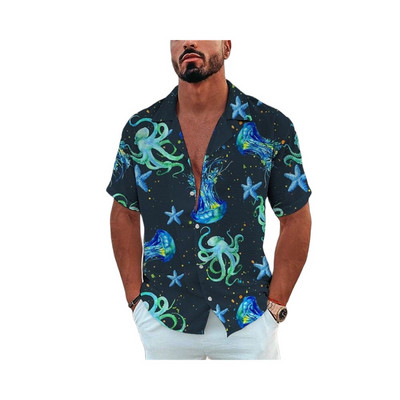 Vīriešu havajiešu krekls ar īsām piedurknēm vasaras okeānā apdrukāts pludmales stils vintage apģērbs, moderns atloks ar vienrindu ikdienišķa izmēra