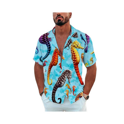 Vīriešu havajiešu krekls ar īsām piedurknēm vasaras okeānā apdrukāts pludmales stils vintage apģērbs, moderns atloks ar vienrindu ikdienišķa izmēra