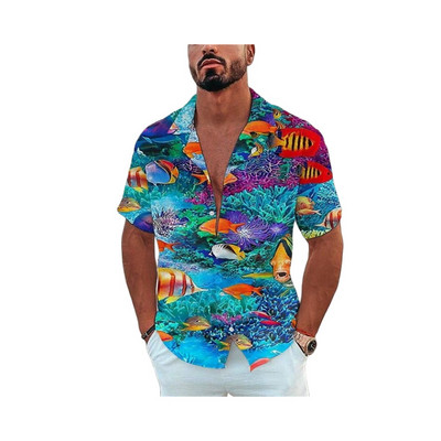 Vīriešu havajiešu krekls ar īsām piedurknēm vasaras okeānā apdrukāts pludmales stils vintage apģērbs, moderns atloks ar vienrindu ikdienišķa izmēra