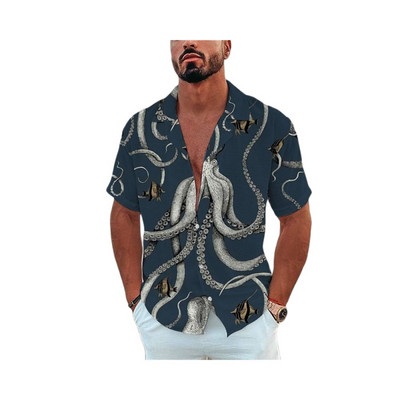 Vīriešu havajiešu krekls ar īsām piedurknēm vasaras okeānā apdrukāts pludmales stils vintage apģērbs, moderns atloks ar vienrindu ikdienišķa izmēra