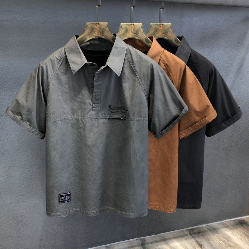 Gmiixder Hip Hop Cargo Top vīriešu ikdienišķa burtu apdruka krekls ar īsām piedurknēm Vīriešu brīvs Safari Skaists darba apģērbs Blūze ar puspogu