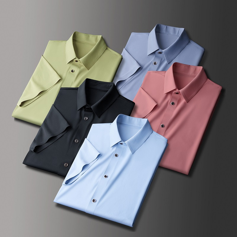 2023. gada vasaras vīriešu vienkrāsains krekls ar īsām piedurknēm Vīriešu brīvi vienrindas ikdienišķa zila krekli Vīriešu ātri nožūstošs zīda krekls L-6Xl