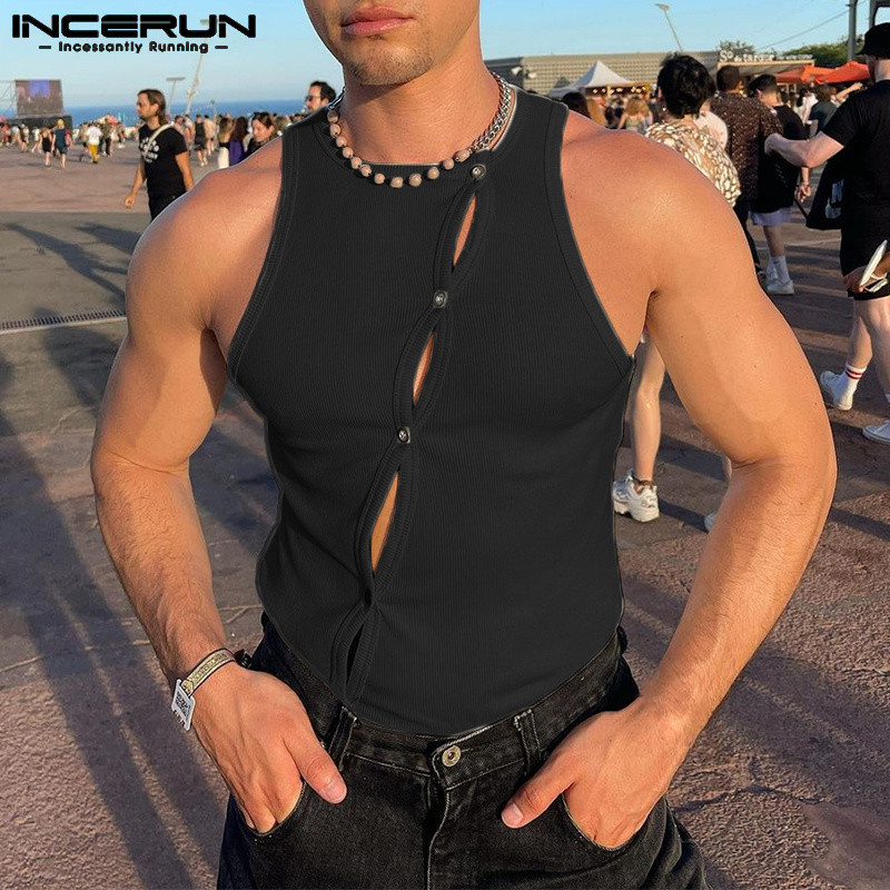 INCERUN Fashion Ανδρικά φανελάκια με μασίφ λαιμόκοψη Αμάνικα, κούφιο κουμπί, ανδρικά γιλέκα γυμναστικής 2023 Streetwear, σέξι ανδρικά ρούχα 5XL