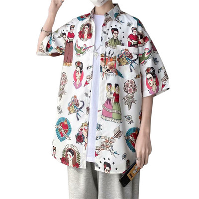 Suvised uued meeste särgid Jaapani mood lühikeste varrukatega topsid Särgid vabaaja Meeste rõivad Tänavarõivad Trenditrükis Lillesärgid Mehed