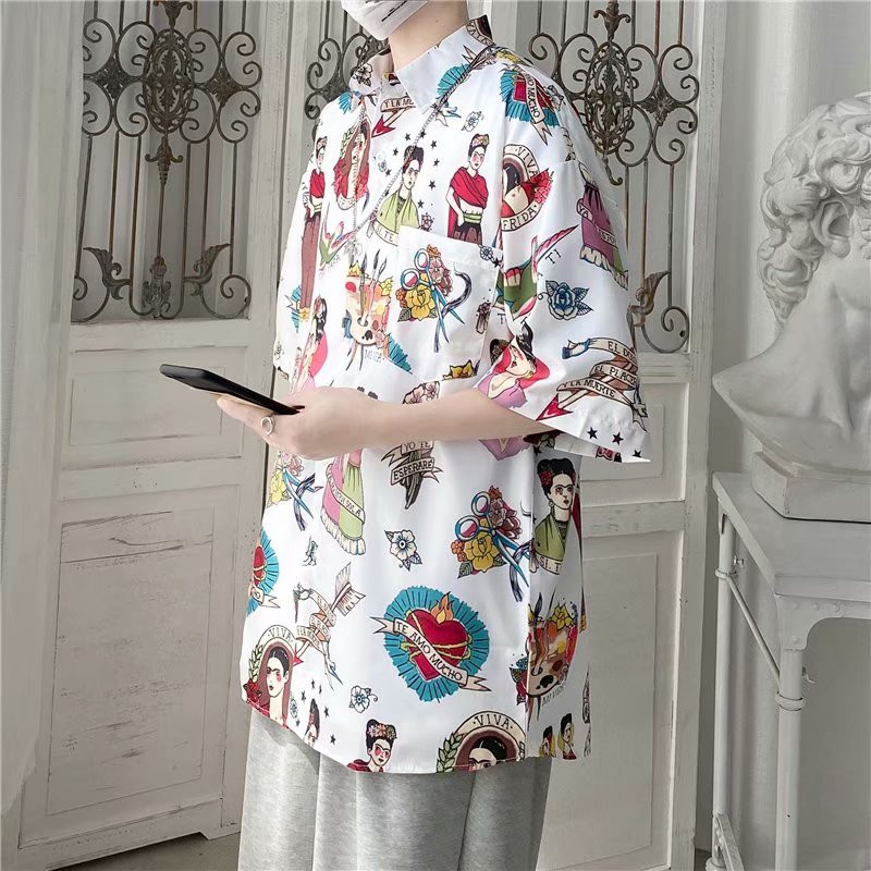 Vasaras jauni vīriešu krekli Japāņu modes topi ar īsām piedurknēm Krekli Ikdienas vīriešu apģērbi Ielu apģērbi Trend Print Ziedu krekli vīriešiem