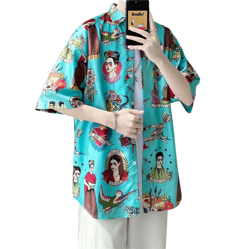 Vasaras jauni vīriešu krekli Japāņu modes topi ar īsām piedurknēm Krekli Ikdienas vīriešu apģērbi Ielu apģērbi Trend Print Ziedu krekli vīriešiem