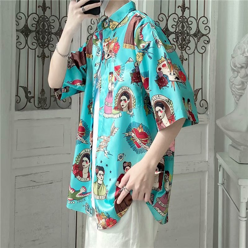 Vasaras jauni vīriešu krekli Japāņu modes topi ar īsām piedurknēm Krekli Ikdienas vīriešu apģērbi Ielu apģērbi Trend Print Ziedu krekli vīriešiem