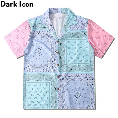 Тъмна икона Bandana Patchwork Polo Shirt Men Color Contrast Мъжки ризи Мъжка блуза Streetwear Дрехи