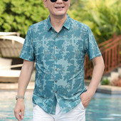 Καλοκαιρινά ρούχα για άντρες Πουκάμισο κοντό μανίκι Ice μεταξωτό μπλούζα με γυριστό γιακά Φαρδύ μεγάλο κουμπί εκτύπωσης Κομψά μπλουζάκια