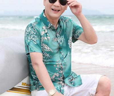 Καλοκαιρινά ρούχα για άντρες Πουκάμισο κοντό μανίκι Ice μεταξωτό μπλούζα με γυριστό γιακά Φαρδύ μεγάλο κουμπί εκτύπωσης Κομψά μπλουζάκια