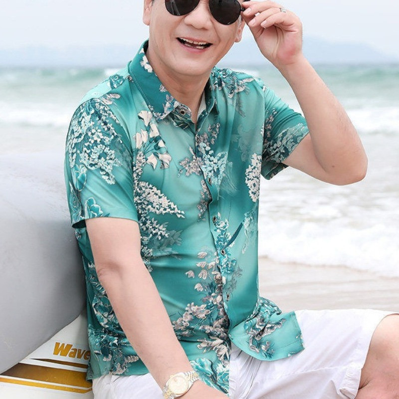 Haine de vară pentru bărbați Cămașă cu mânecă scurtă din mătase de gheață Bluză cu guler răsturnat, buton mare, imprimat, la modă, Topuri elegante