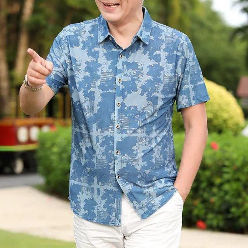 Haine de vară pentru bărbați Cămașă cu mânecă scurtă din mătase de gheață Bluză cu guler răsturnat, buton mare, imprimat, la modă, Topuri elegante