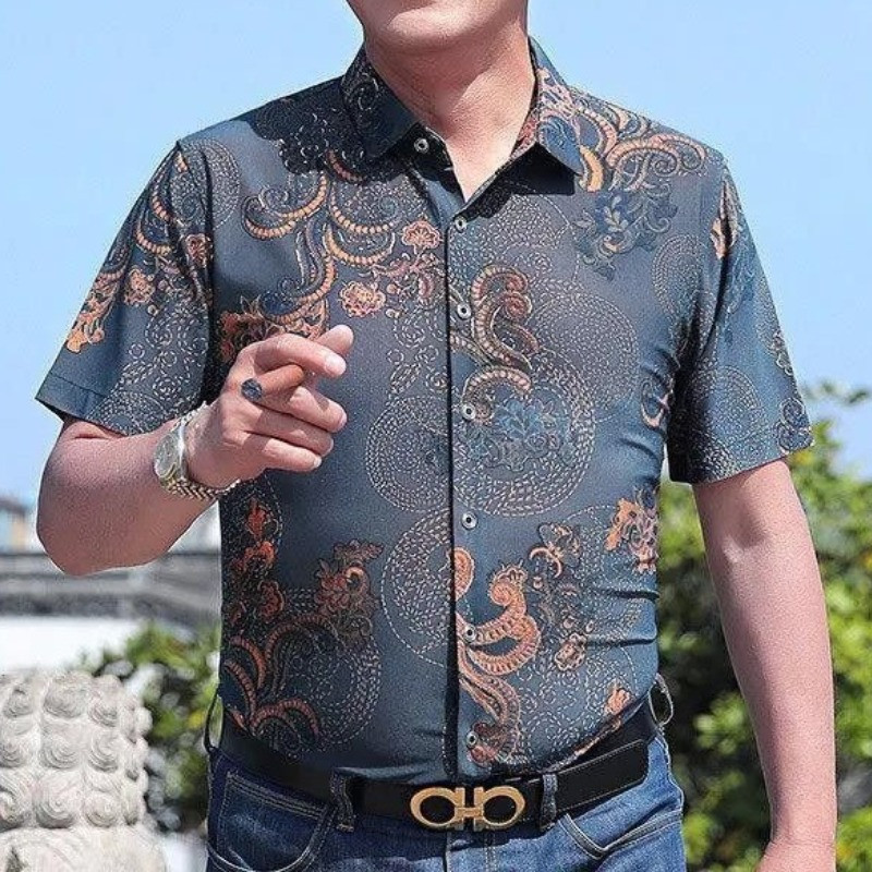 Haine de vară pentru bărbați Cămașă cu mânecă scurtă din mătase de gheață Bluză cu guler răsturnat, buton mare, imprimat, la modă, Topuri elegante