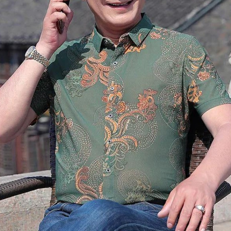 Haine de vară pentru bărbați Cămașă cu mânecă scurtă din mătase de gheață Bluză cu guler răsturnat, buton mare, imprimat, la modă, Topuri elegante