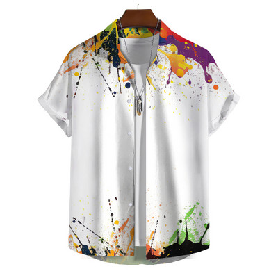 Мъжка хавайска риза с къси ръкави, цветен спрей, модел, дизайнерско облекло, ежедневна плажна, улична ваканционна мода, голям размер