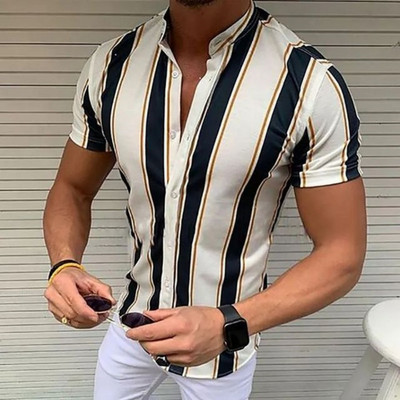 Νέο Casual Fashion Ανδρικό κοντομάνικο μπλουζάκι παραλίας χαβανέζικου πόλο με λαιμόκοψη 2023 Καλοκαιρινό ρετρό με ρίγες 3D εκτύπωσης Street Wear