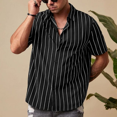 Νέο Casual Fashion Ανδρικό κοντομάνικο μπλουζάκι παραλίας χαβανέζικου πόλο με λαιμόκοψη 2023 Καλοκαιρινό ρετρό με ρίγες 3D εκτύπωσης Street Wear