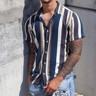 Νέο Casual Fashion Ανδρικό κοντομάνικο μπλουζάκι παραλίας χαβανέζικου πόλο με λαιμόκοψη 2023 Καλοκαιρινό ρετρό με ρίγες 3D εκτύπωσης Street Wear