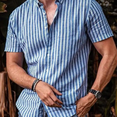 Νέο Casual Fashion Ανδρικό κοντομάνικο μπλουζάκι παραλίας χαβανέζικου πόλο με λαιμόκοψη 2023 Καλοκαιρινό ρετρό με ρίγες 3D εκτύπωσης Street Wear