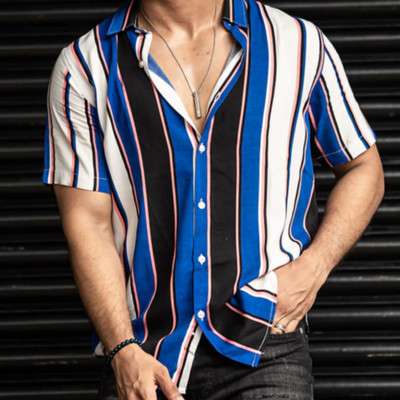 Νέο Casual Fashion Ανδρικό κοντομάνικο μπλουζάκι παραλίας χαβανέζικου πόλο με λαιμόκοψη 2023 Καλοκαιρινό ρετρό με ρίγες 3D εκτύπωσης Street Wear