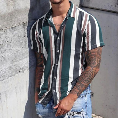 Νέο Casual Fashion Ανδρικό κοντομάνικο μπλουζάκι παραλίας χαβανέζικου πόλο με λαιμόκοψη 2023 Καλοκαιρινό ρετρό με ρίγες 3D εκτύπωσης Street Wear