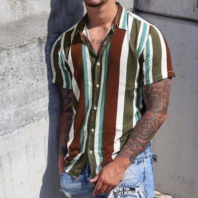 Νέο Casual Fashion Ανδρικό κοντομάνικο μπλουζάκι παραλίας χαβανέζικου πόλο με λαιμόκοψη 2023 Καλοκαιρινό ρετρό με ρίγες 3D εκτύπωσης Street Wear