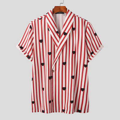 INCERUN Muška košulja Ljetna muška košulja s prugastim printom na revere, kratkih rukava, široka muška odjeća s jednim gumbom, ulična odjeća 2023. Ležerne naramenice S-5XL