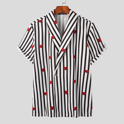INCERUN Muška košulja Ljetna muška košulja s prugastim printom na revere, kratkih rukava, široka muška odjeća s jednim gumbom, ulična odjeća 2023. Ležerne naramenice S-5XL