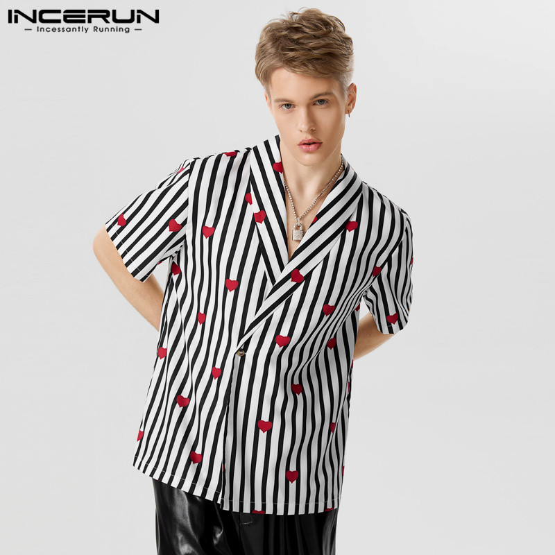 INCERUN Muška košulja Ljetna muška košulja s prugastim printom na revere, kratkih rukava, široka muška odjeća s jednim gumbom, ulična odjeća 2023. Ležerne naramenice S-5XL
