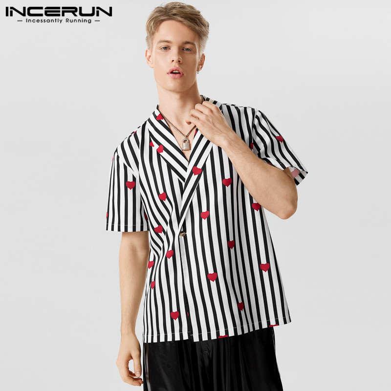 INCERUN Muška košulja Ljetna muška košulja s prugastim printom na revere, kratkih rukava, široka muška odjeća s jednim gumbom, ulična odjeća 2023. Ležerne naramenice S-5XL