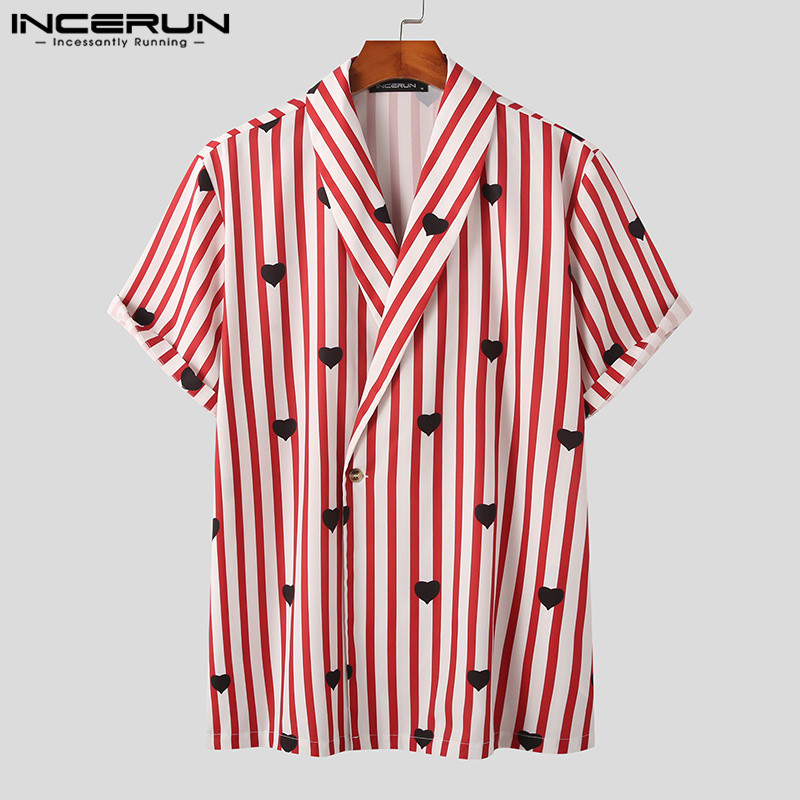 INCERUN Muška košulja Ljetna muška košulja s prugastim printom na revere, kratkih rukava, široka muška odjeća s jednim gumbom, ulična odjeća 2023. Ležerne naramenice S-5XL