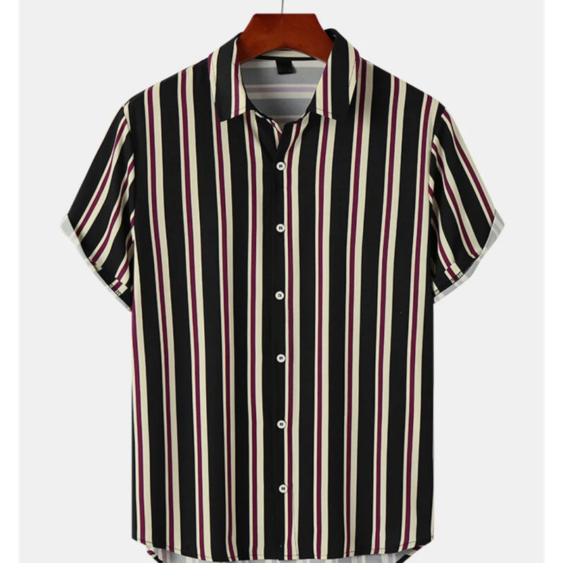 2023 Απλή ανδρική μόδα ριγέ πουκάμισο γιορτινό στυλ Κοντό μανίκι Ανδρικά ρούχα casual μπλουζάκι δρόμου Χαλαρό μπλουζάκι μεγάλου μεγέθους