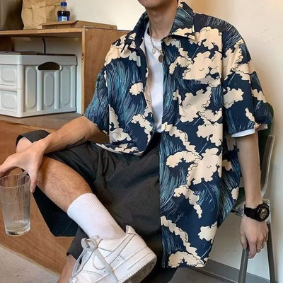 Lielizmēra vīriešu apģērba blūze Vasaras jauns pāris krekli Harajuku īsām piedurknēm sieviešu tops ar jūras viļņu apdruku ikdienas havajiešu krekls