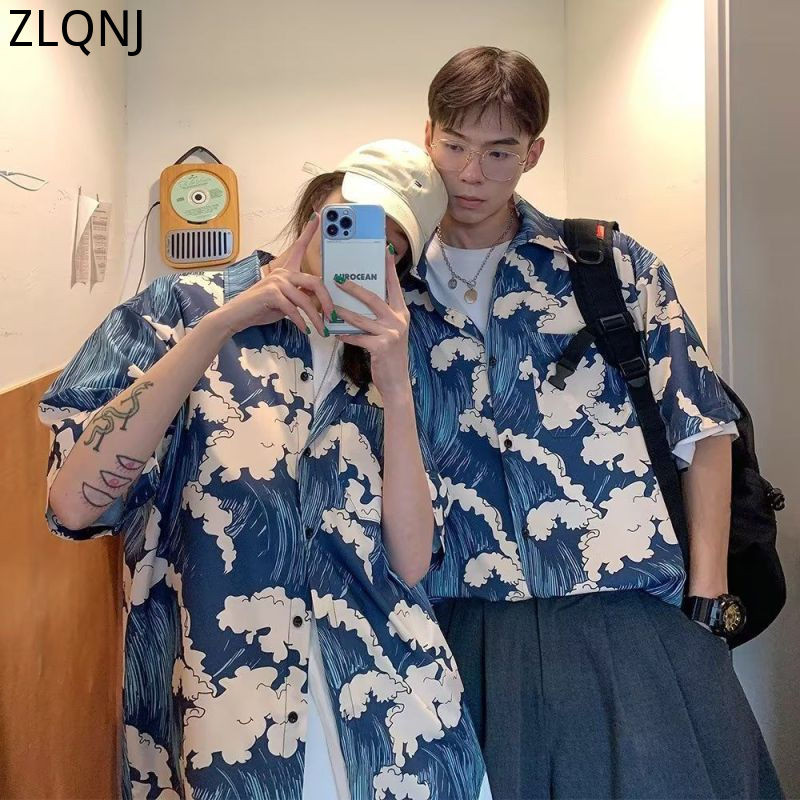 Lielizmēra vīriešu apģērba blūze Vasaras jauns pāris krekli Harajuku īsām piedurknēm sieviešu tops ar jūras viļņu apdruku ikdienas havajiešu krekls