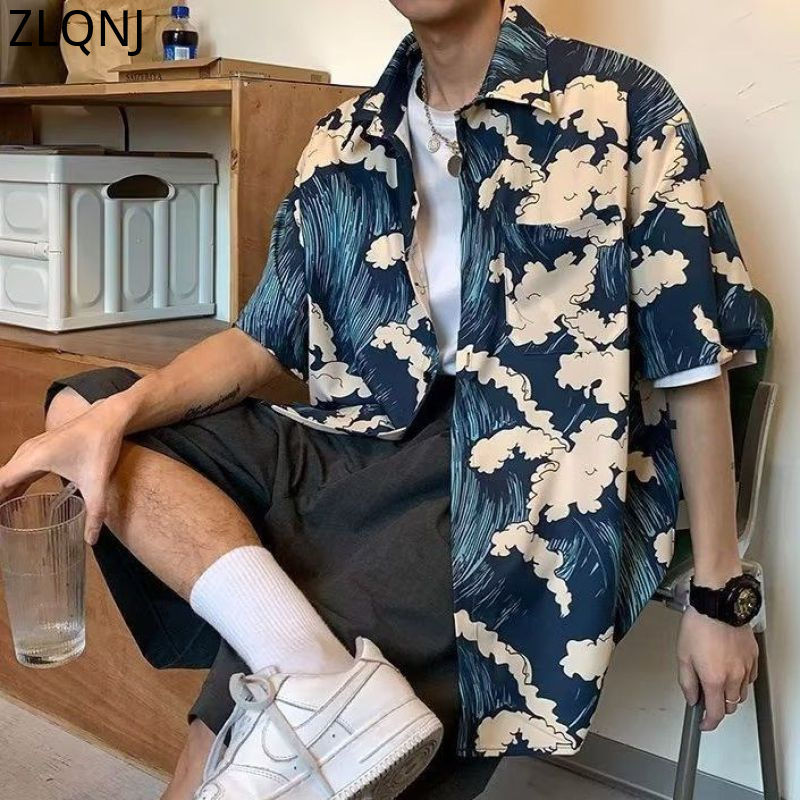 Lielizmēra vīriešu apģērba blūze Vasaras jauns pāris krekli Harajuku īsām piedurknēm sieviešu tops ar jūras viļņu apdruku ikdienas havajiešu krekls